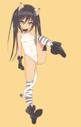 Rule 34 | 1girl, animal ears, animal print, aqua eyes, black hair, blade (galaxist), blush, boots, collar, gloves, leg up, long hair, looking at viewer, one-piece swimsuit, orange background, original, simple background, solo, swimsuit, tail, thighhighs, tiger ears, tiger print, tiger tail, white one-piece swimsuit