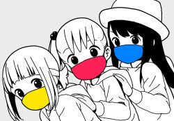 Rule 34 | 3girls, akamatsu yui, aoyama kotoha (mitsuboshi colors), blunt bangs, commentary request, coronavirus pandemic, grey background, greyscale, hair bobbles, hair ornament, hand on another&#039;s shoulder, hat, highres, hood, hood down, hoodie, katsuwo (cr66g), kise saki, long hair, long sleeves, looking at viewer, mask, mitsuboshi colors, monochrome, mouth mask, multiple girls, short hair, short ponytail, side ponytail, simple background, spot color, surgical mask, upper body