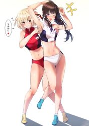 Rule 34 | 2girls, bare shoulders, black hair, blonde hair, breasts, buruma, clenched teeth, commentary request, crossed bangs, cruzango0510, floating hair, grin, gym uniform, hair between eyes, highres, inoue takina, large breasts, long hair, lycoris recoil, multiple girls, navel, nishikigi chisato, one eye closed, one side up, open mouth, ponytail, purple eyes, red buruma, red eyes, red sports bra, shadow, short hair, sidelocks, simple background, small breasts, smile, sports bra, stomach, tearing up, teeth, tickling, tickling armpits, translation request, white background, white buruma, white sports bra, yuri