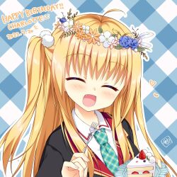 Rule 34 | 1girl, 2022, :d, ^ ^, ahoge, ambitious mission, black jacket, blonde hair, blush, cake, cake slice, character name, charlotte di curvehorn yeatz, checkered background, closed eyes, collared shirt, commentary, dated, eyelashes, facing viewer, fang, flower wreath, food, fork, fruit, hair between eyes, hair ornament, hanesaki seika, happy, happy birthday, head tilt, head wreath, heart, highres, holding, holding fork, holding plate, jacket, long hair, necktie, official art, open mouth, pinky out, plaid necktie, plate, pom pom (clothes), pom pom hair ornament, school uniform, shirt, sidelocks, signature, simple background, smile, solo, straight hair, strawberry, two side up, white shirt