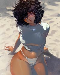 Rule 34 | 1girl, bikini, black hair, breasts, brown eyes, cropped sweater, curly hair, curvy, dark-skinned female, dark skin, eyebrows hidden by hair, groin, head tilt, highres, jewelry, large breasts, lips, little thunder, mixed media, mole, navel, necklace, original, ring, sand, sitting, solo, swimsuit, thick thighs, thighs, white bikini
