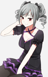 Rule 34 | 10s, 1girl, breasts, cleavage, drill hair, idolmaster, idolmaster cinderella girls, idolmaster cinderella girls starlight stage, kanzaki ranko, pantyhose, red eyes, sente, silver hair, smile, solo, twin drills, twintails