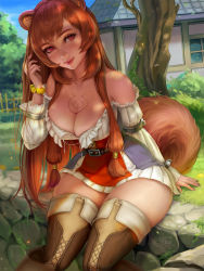 Rule 34 | 1girl, animal ears, bare shoulders, boots, breast tattoo, breasts, brown hair, chest tattoo, cleavage, dress, eyelashes, frilled skirt, frills, hair ornament, hand in own hair, house, kittew, large breasts, lips, long hair, long sleeves, outdoors, purple eyes, raccoon ears, raccoon girl, raccoon tail, raphtalia, sidelocks, sitting, skirt, smile, tail, tate no yuusha no nariagari, tattoo, thigh boots, thighhighs, thighs, tree