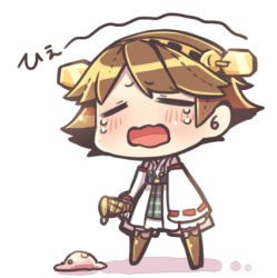 Rule 34 | 10s, 1girl, bad id, bad pixiv id, brown hair, chibi, crying, detached sleeves, food, hairband, hiei (kancolle), ice cream, ice cream cone, japanese clothes, kantai collection, lowres, nontraditional miko, open mouth, same anko, short hair, solo, spill, tears, thighhighs, wavy mouth, wide sleeves