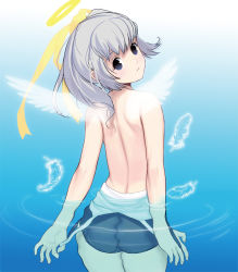 Rule 34 | 1girl, angel wings, back, blue eyes, clothes pull, cowboy shot, feathers, halo, kouno (masao), one-piece swimsuit, one-piece swimsuit pull, original, partially submerged, school swimsuit, silver hair, solo, swimsuit, topless, water, wings