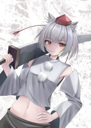 Rule 34 | 1girl, animal ears, black hakama, closed mouth, detached sleeves, hakama, hand on own hip, hat, highres, holding, holding sword, holding weapon, inubashiri momiji, japanese clothes, looking at viewer, midriff, navel, red eyes, shirt, short hair, smile, solo, stomach, sword, tail, tofuandsoup, tokin hat, touhou, weapon, white hair, white shirt, white sleeves, wolf ears, wolf girl
