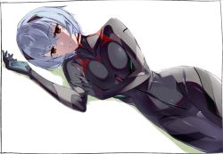Rule 34 | 1girl, ayanami rei, black bodysuit, black gloves, bodysuit, breasts, commentary request, dutch angle, expressionless, gloves, kei (soundcross), looking at viewer, lying, medium breasts, neon genesis evangelion, on side, parted lips, plugsuit, red eyes, short hair, silver hair, simple background, skin tight, solo, thigh gap, white background