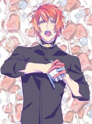 Rule 34 | 1boy, black shirt, blue gloves, candy, collar, collared shirt, fangs, food, food-themed background, food in mouth, gloves, hair between eyes, half gloves, heart, heart-shaped lollipop, interlocked fingers, ittoki otoya, lollipop, looking at viewer, male focus, meromizawa, multicolored clothes, multicolored gloves, open mouth, own hands together, red eyes, red gloves, red hair, shaped lollipop, shirt, short hair, sleeves past elbows, solo, teeth, upper body, uta no prince-sama, white background, white gloves