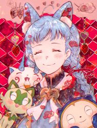 Rule 34 | 1boy, 1girl, 2others, absurdres, akamaru saasha, alternate hairstyle, animal ear fluff, braid, cat, closed eyes, creatures (company), crossover, fire emblem, fire emblem: three houses, food, fruit, game freak, highres, komasan, kuma (persona 4), marianne von edmund, multiple others, nintendo, open mouth, persona, persona 4, pokemon, pokemon (creature), pokemon sv, smile, sprigatito, strawberry, tagme, twin braids, youkai watch