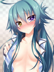 Rule 34 | 1girl, ahoge, blue hair, blush, breasts, female focus, frown, heart, heart-shaped pupils, heterochromia, highres, jacket, leura arcane, long hair, looking at viewer, open clothes, original, purple eyes, sleeves past wrists, small breasts, solo, suterii, symbol-shaped pupils, upper body, yellow eyes