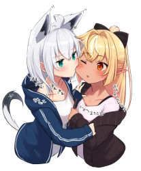 Rule 34 | 2girls, ahoge, alternate costume, animal ears, biting, blonde hair, blush, bow, cheek biting, collarbone, commentary, earrings, elf, fox ears, fox girl, fox tail, green eyes, hair between eyes, hair bow, highres, holding, hololive, jersey, jewelry, long hair, multiple girls, open mouth, pointy ears, red eyes, sasaki (glass1138), shirakami fubuki, shiranui flare, shirt, sidelocks, simple background, sportswear, symbol-only commentary, tail, virtual youtuber, white background, white hair, white shirt, yuri