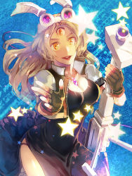 Rule 34 | 1girl, bad id, bad pixiv id, blonde hair, breasts, cleavage, commentary request, gloves, jacket, jewelry, long hair, looking at viewer, medium breasts, necklace, opera vectra, smile, solo, star ocean, star ocean the second story, tanokura mon, yellow eyes