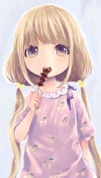 Rule 34 | 1girl, blonde hair, brown eyes, cherry print, comeco, eating, food, food print, futaba anzu, idolmaster, idolmaster cinderella girls, long hair, looking at viewer, low twintails, open mouth, shirt, solo, twintails, upper body, yakitori