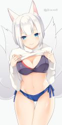 Rule 34 | 1girl, animal ears, azur lane, bikini, bikini under clothes, blue bikini, blue ribbon, blush, breasts, closed mouth, clothes lift, cowboy shot, fox ears, fox tail, gradient background, grey background, highres, kaga (azur lane), large breasts, lifting own clothes, lips, long sleeves, looking at viewer, mismatched bikini, multiple tails, navel, purple bikini, ribbon, short hair, side-tie bikini bottom, sleeves past wrists, smile, standing, stomach, sweater, sweater lift, swimsuit, tail, thigh gap, thighs, twitter username