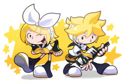 Rule 34 | 1boy, 1girl, blonde hair, blue eyes, bow, brother and sister, codename: kids next door, detached sleeves, hair bow, hair ornament, hair ribbon, hairclip, hands on own hips, headphones, instrument, kagamine len, kagamine rin, kappateki, keyboard (instrument), looking at another, loose socks, necktie, open mouth, ribbon, sailor collar, short hair, shorts, siblings, smile, socks, star (symbol), toon (style), twins, vocaloid