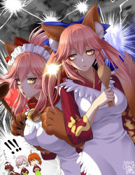 Rule 34 | !, !!, 4girls, ahoge, animal ear fluff, animal ears, animal hands, apron, asebi hikaru, bell, benienma (fate), bird hat, blue ribbon, breasts, brown headwear, brown kimono, cat paws, closed eyes, collar, commentary, commentary request, fate/grand order, fate (series), fox ears, fox girl, fox tail, fujimaru ritsuka (female), glasses, gloves, hair ornament, hair over one eye, hair scrunchie, japanese clothes, jingle bell, kimono, large breasts, light purple hair, lightning glare, long hair, low ponytail, mash kyrielight, mash kyrielight (enma-tei uniform), multiple girls, neck bell, ohitsu, orange hair, paw gloves, pink hair, ponytail, red ribbon, ribbon, scrunchie, shamoji, short hair, sweatdrop, tail, tamamo (fate), tamamo cat (fate), tamamo no mae (fate/extra), translation request, white apron, wooden spoon, yellow eyes