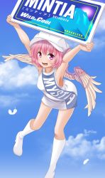 Rule 34 | 1girl, ad, alternate costume, animal ears, armpits, arms up, blue sky, boots, box, chewing gum, clothes writing, cloud, day, dress, feathers, female focus, flying, hat, holding up, knee boots, mint, mystia lorelei, open mouth, pink eyes, pink hair, race queen, shimouki izui, short hair, skirt, sky, smile, solo, touhou, white dress, white skirt, wings