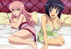 Rule 34 | 2girls, :d, absurdres, ass, barefoot, black hair, breasts, camisole, cleavage, feet, fujii masahiro, highres, large breasts, legs, long hair, long legs, louise francoise le blanc de la valliere, lying, multiple girls, non-web source, nyantype, official art, on side, open mouth, panties, pantyshot, pink eyes, pink hair, purple eyes, riding crop, scan, short hair, siesta (zero no tsukaima), sitting, smile, spaghetti strap, thighs, underwear, uneven eyes, wand, white panties, yokozuwari, zero no tsukaima