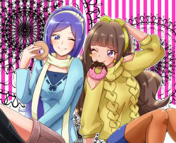 Rule 34 | 00s, 2girls, amanogawa kirara, aono miki, aran sweater, blue bow, blue eyes, blue shirt, bow, brown hair, brown legwear, cable knit, chocolate doughnut, don (748826), doughnut, earrings, food, food in mouth, fresh precure!, go! princess precure, hairband, jewelry, long hair, looking at another, mouth hold, multiple girls, one eye closed, pantyhose, precure, purple eyes, purple hair, scarf, shirt, shorts, smile, star (symbol), star earrings, striped, striped background, sweater, yellow shirt