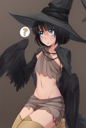 Rule 34 | 1girl, ?, black hair, black wings, blue eyes, blunt bangs, brown background, cape, collarbone, confused, dark souls (series), dark souls iii, eyebrows, feathered wings, groin, harpy, hat, highres, iwbitu, legs together, looking up, midriff, monster girl, navel, parted lips, personification, petite, pickle pee pump-a-rum crow, rags, scales, shirt, short hair, simple background, single-shoulder shirt, solo, spoken question mark, winged arms, wings, witch hat