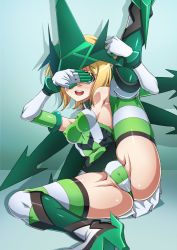 Rule 34 | 1girl, akatsuki kirika, ass, bare shoulders, blonde hair, blush, breasts, cameltoe, cleft of venus, commentary request, covered erect nipples, covered navel, covering face, elbow gloves, gloves, green eyes, green theme, headgear, leg up, leotard, looking at viewer, medium breasts, open mouth, senki zesshou symphogear, shiny skin, short hair, sitting, skin tight, smile, solo, spread legs, striped clothes, striped thighhighs, syunzou, teeth, thighhighs