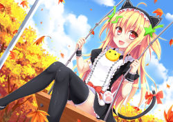 Rule 34 | 1girl, :3, animal ears, autumn, autumn leaves, black dress, black thighhighs, blonde hair, blush, bow, cat ears, cat tail, cloud, copyright request, day, dress, dutch angle, fake animal ears, fang, frills, hair between eyes, hair ornament, highres, holding, knees together feet apart, leaf, long hair, maple leaf, multicolored hair, nanairo fuusen, outdoors, paw print, puffy short sleeves, puffy sleeves, red bow, red eyes, short sleeves, sitting, sky, solo, star (symbol), star hair ornament, swing, tail, tail bow, tail ornament, thighhighs, tree, two-tone hair, very long hair, wrist cuffs