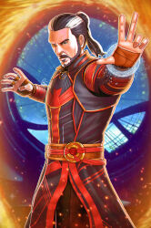 Rule 34 | 1boy, absurdres, alternate costume, animification, bao nguyen, beard, commentary, cowboy shot, disney, doctor strange, doctor strange in the multiverse of madness, english commentary, facial hair, fantasy, fighting stance, highres, looking at viewer, magic, male focus, marvel, multicolored hair, official alternate costume, outstretched arm, two-tone hair