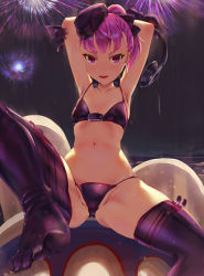 Rule 34 | 1girl, armpits, arms behind head, arms up, bikini, black bikini, black thighhighs, blush, fate/grand order, fate (series), feet, fireworks, flat chest, foot focus, hat, headphones, headphones removed, helena blavatsky (fate), helena blavatsky (swimsuit archer) (fate), helena blavatsky (swimsuit archer) (third ascension) (fate), kakumayu, looking at viewer, navel, no shoes, open mouth, partially visible vulva, ponytail, purple eyes, purple hair, short hair, solo, spread legs, swimsuit, thighhighs, toes