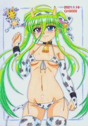 Rule 34 | 1girl, absurdres, animal print, artist name, asteion, bikini, blush, chinese zodiac, closed mouth, cow horns, cow print, cow tail, dated, einhard stratos, fake horns, fake tail, gh9000, green hair, heterochromia, highres, horns, long hair, looking at viewer, lyrical nanoha, navel, smile, swimsuit, tail, year of the ox