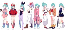 Rule 34 | 1girl, :d, alternate costume, animal ears, bad id, bad twitter id, bare shoulders, black dress, black leotard, blue eyes, blue hair, boots, bracelet, braid, breasts, brown gloves, bulma, cleavage, closed umbrella, cross-laced footwear, dragon ball, dragonball z, dress, earrings, fake animal ears, gloves, grey pantyhose, gum (gmng), hair ribbon, hand on own hip, hands in pockets, hat, high ponytail, jacket, jewelry, lace-up boots, leg up, leotard, long hair, multiple persona, name tag, open mouth, pantyhose, planted, planted umbrella, playboy bunny, ponytail, purple hair, rabbit ears, ribbon, shoes, short hair, shorts, simple background, single braid, single glove, sleeveless, sleeveless dress, smile, sneakers, star (symbol), umbrella, walking, white background