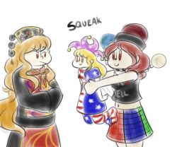 Rule 34 | 3girls, american flag dress, american flag legwear, animated, animated gif, blonde hair, chain, choker, clothes writing, clownpiece, crop top, earth (ornament), english text, hands in opposite sleeves, hat, hecatia lapislazuli, jester cap, junko (touhou), long hair, long sleeves, miniskirt, moon (ornament), multicolored clothes, multicolored skirt, multiple girls, navel, pantyhose, red hair, robin (unlimited world), shaking, skirt, smile, sound effects, touhou