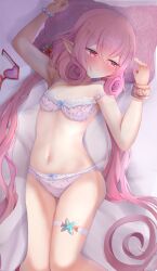 Rule 34 | 1girl, bead bracelet, beads, blush, bow, bra, bracelet, breasts, commission, curly hair, elf, embarrassed, highres, jewelry, long hair, looking to the side, lying, navel, neneka (princess connect!), on back, panties, pink eyes, pink hair, pixiv commission, pointy ears, princess connect!, small breasts, solo, stomach, teren, thigh strap, underwear, underwear only, very long hair, wrist cuffs