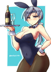 Rule 34 | 10s, 1girl, alcohol, animal ears, black pantyhose, blue eyes, bottle, bow, bowtie, breasts, chitose (kancolle), cleavage, cup, detached collar, drinking glass, fake animal ears, fishnet pantyhose, fishnets, glass, grey hair, hand on own hip, headband, kantai collection, large breasts, leotard, long hair, low ponytail, pantyhose, playboy bunny, ponytail, rabbit ears, rabbit tail, shinshin, solo, tail, tray, twitter username, wine, wine glass, wrist cuffs