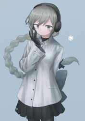 Rule 34 | 1girl, absurdres, arm behind back, back bow, black bow, black gloves, black shirt, black skirt, blush, bow, braid, braided ponytail, coat, collared coat, cowboy shot, earmuffs, expressionless, floating hair, gloves, grey background, grey eyes, grey hair, hair bow, hand up, highres, long hair, long sleeves, looking at viewer, parted lips, pleated skirt, py-2, sekka yufu, shirt, simple background, skirt, snowflakes, solo, utau, very long hair, white coat, winter clothes, winter coat