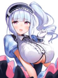 Rule 34 | 1girl, azur lane, blurry, breasts, clothing cutout, collared shirt, depth of field, dido (azur lane), dido (muse) (azur lane), framed breasts, frills, gloves, hand up, headdress, highres, idol, kiyosato 0928, large breasts, long hair, looking at viewer, open mouth, plaid, puffy sleeves, red eyes, shirt, short sleeves, side ponytail, simple background, solo, sweat, underboob, underboob cutout, upper body, white background, white gloves, white hair, white shirt