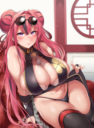 Rule 34 | 1girl, azur lane, bare shoulders, black dress, black gloves, black hair, black panties, breasts, bremerton (azur lane), bremerton (kung fu cruiser) (azur lane), china dress, chinese clothes, cleavage, clothes lift, curvy, double bun, dress, dress lift, eyewear on head, gloves, hair between eyes, hair bun, highres, huge breasts, indoors, katsura harufumi, lifted by self, long hair, looking at viewer, mole, mole on breast, mole under eye, multicolored hair, official alternate costume, panties, pelvic curtain, pink hair, purple eyes, round eyewear, sitting, solo, streaked hair, sunglasses, thick thighs, thighhighs, thighs, underwear, wide hips