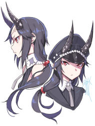 Rule 34 | 1girl, bare shoulders, black hair, black headwear, closed mouth, diagonal stripes, from side, hair ornament, hat, horns, horns through headwear, long hair, looking at viewer, low ponytail, military hat, multiple views, necktie, oni horns, original, pinstripe pattern, portrait, satoma makoto, scar, sidelocks, signature, simple background, striped, vertical stripes, white background