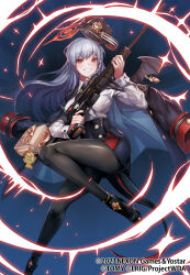 Rule 34 | 1girl, bag, bag charm, black footwear, black pantyhose, black skirt, blue archive, braid, breasts, charm (object), collared shirt, grey hair, grin, gun, halo, haruna (blue archive), hat, highres, holding, holding gun, holding weapon, jacket, jacket on shoulders, kousaku, legs, long hair, long sleeves, looking at viewer, medium breasts, official art, pantyhose, red eyes, shirt, side braid, skirt, smile, solo, sparkle, tail, weapon, white shirt, wixoss