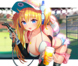 Rule 34 | 1girl, absurdres, alcohol, bare shoulders, baseball cap, beer, bent over, bikini, blue eyes, blue shorts, breasts, cleavage, collarbone, cup, elbow gloves, exposed pocket, fingerless gloves, gibagiba, gloves, green thighhighs, hat, highres, holding, holding cup, huge filesize, large breasts, long hair, looking at viewer, monster strike, open mouth, pink bikini, short shorts, shorts, side ponytail, smile, solo, star (symbol), star tattoo, swimsuit, tattoo, thighhighs, white bikini
