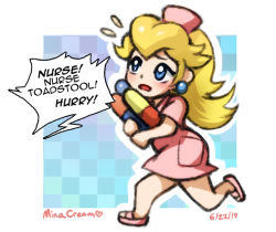 Rule 34 | 1girl, artist name, blonde hair, blue eyes, carrying, checkered background, dated, dr. mario (game), dress, earrings, english text, flying sweatdrops, full body, hat, jewelry, long hair, mario (series), mina cream, nintendo, no socks, nurse, nurse cap, open mouth, outline, pill, pink dress, pink footwear, pink hat, pocket, princess peach, running, sandals, short sleeves, solo, speech bubble, white outline, worried