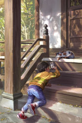 Rule 34 | 1boy, absurdres, animal, black hair, cat, cellphone, child, commentary, crawling, dappled sunlight, denim, highres, holding, jeans, kosian, original, pants, phone, scenery, short hair, sleeping, smartphone, stairs, sunlight, taking picture