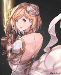 Rule 34 | 1girl, armor, artist name, backless dress, backless outfit, bad id, bad pixiv id, blonde hair, brown eyes, djeeta (granblue fantasy), dress, earrings, flower, from behind, glorybringer (granblue fantasy), granblue fantasy, hair flower, hair ornament, highres, holding, holding sword, holding weapon, jewelry, looking back, milli little, open mouth, pauldrons, short hair, shoulder armor, solo, swept bangs, sword, upper body, weapon, white dress, white flower