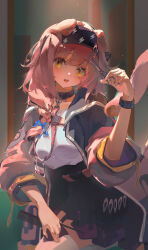 Rule 34 | 1girl, animal ears, arknights, black collar, black hairband, black jacket, black skirt, braid, cat ears, cat girl, cat tail, collar, comb, floppy ears, goldenglow (arknights), hairband, highres, holding, holding comb, holding scissors, infection monitor (arknights), jacket, lightning bolt print, long hair, multicolored clothes, multicolored jacket, parted lips, pink hair, pink jacket, scissors, shirt, single braid, skirt, solo, tail, thighhighs, white shirt, white thighhighs, yellow eyes, yuyumu