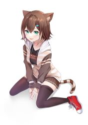 Rule 34 | 1girl, :p, animal ears, between legs, black shirt, black thighhighs, breasts, brown hair, brown skirt, cat ears, cat girl, cat tail, full body, fumino tamaki, green eyes, hand between legs, highres, hood, hood down, hoodie, large breasts, light brown hair, long sleeves, looking at viewer, medium hair, miniskirt, multicolored hair, nijisanji, partially unzipped, pleated skirt, red footwear, shirt, sign, sign around neck, simple background, sitting, skirt, tail, tanaro, thighhighs, tongue, tongue out, two-tone hair, virtual youtuber, wariza, white background