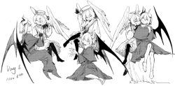 Rule 34 | 2girls, bat wings, capelet, chinese commentary, closed mouth, commentary request, dated, dress, english text, frilled dress, frills, gloves, greyscale, halo, head wings, highres, horns, long sleeves, malvo, monochrome, multiple girls, multiple views, original, pantyhose, screentones, short hair, smile, sweat, wings