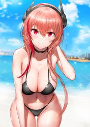 Rule 34 | 1girl, bare shoulders, beach, bikini, black bikini, blue sky, blurry, blurry background, blush, breasts, city, cleavage, closed mouth, cloud, collarbone, commentary, day, girls&#039; frontline, gluteal fold, greem bang, groin, hair between eyes, halterneck, hand on own head, headgear, highres, large breasts, leaning forward, long hair, looking at viewer, m4 sopmod ii (girls&#039; frontline), multicolored hair, navel, ocean, outdoors, pink hair, red eyes, red hair, revision, sand, sidelocks, sky, smile, solo, stomach, streaked hair, swimsuit, wet