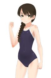 Rule 34 | 1girl, 30-06, bad id, bad pixiv id, black one-piece swimsuit, braid, brown eyes, brown hair, clenched hand, competition school swimsuit, contrapposto, covered navel, cowboy shot, hair over shoulder, highres, kantai collection, long hair, looking at viewer, one-piece swimsuit, school swimsuit, simple background, single braid, smile, solo, standing, swimsuit, uranami (kancolle), white background