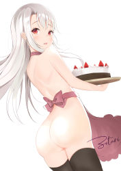 Rule 34 | 1girl, apron, artist name, ass, black thighhighs, blush, cake, fang, fate/kaleid liner prisma illya, fate (series), food, fruit, highres, illyasviel von einzbern, long hair, looking at viewer, looking back, naked apron, open mouth, red apron, red eyes, silver hair, simple background, solo, strawberry, thighhighs, white background, zotari