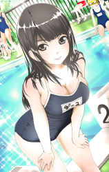 Rule 34 | barefoot, black eyes, black hair, blush, breasts, cleavage, competition school swimsuit, goggles, gym shorts, hands on thighs, higashi tarou, highres, large breasts, long hair, looking at viewer, multiple girls, name tag, new school swimsuit, one-piece swimsuit, original, pool, poolside, school swimsuit, shorts, solo focus, swimsuit
