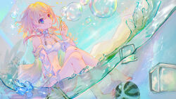 Rule 34 | 1girl, :o, absurdres, alternate costume, arm up, artist name, bare shoulders, barefoot, bikini, bow, bowtie, breasts, bubble, blowing bubbles, bubble wand, chinese text, choker, commentary, diffraction spikes, earrings, eyelashes, food, fruit, gradient eyes, hair between eyes, highres, holding, honkai: star rail, honkai (series), ice, ice cube, jewelry, knees up, leaf, long sleeves, looking ahead, march 7th (honkai: star rail), medium breasts, medium hair, multicolored eyes, pink hair, ribbon choker, rishixiyan, sitting, soaking feet, solo, splashing, star (symbol), swimsuit, symbol-only commentary, water, watermelon, white bikini, white bow, white bowtie